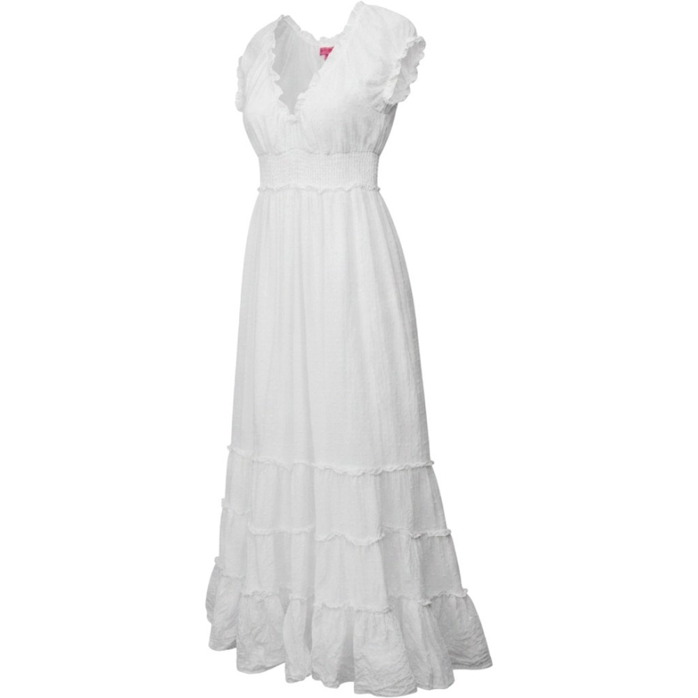 Betsey Johnson White Swiss Dot Tiered Maxi Dress Smocked Waist Medium EUC Boho
